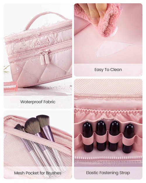 LOVEVOOK Travel Makeup Bag,Large Open Flat Tolietry Bag for Women,Waterproof Portable Cosmetic Pouch,Double Layer Quilted Makeup Bag Organizer With Handle,Travel Essentials,Gift for Her