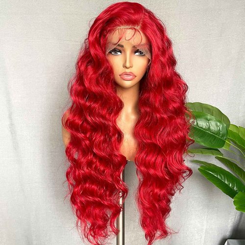 SOKU Red 13x6 Lace Frontal Wig 32 Inch Long Body Wave Pre Plucked with Baby Hair Glueless Transparent Swiss Lace Heat Resistant Synthetic Lace Front Wigs for Women Christmas Gift