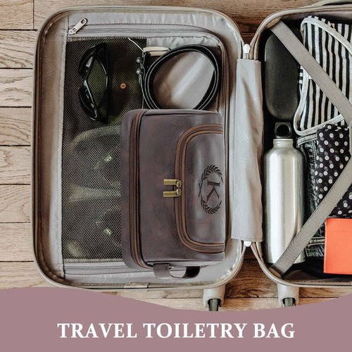 Aganmi Personalized Christmas Birthday Gifts Toiletry Bag for Men Dad Husband, Custom Initial PU Leather Waterproof Toiletry Organizer Dopp Kit Shaving Bag Travel Essential for Men, Dark Brown J