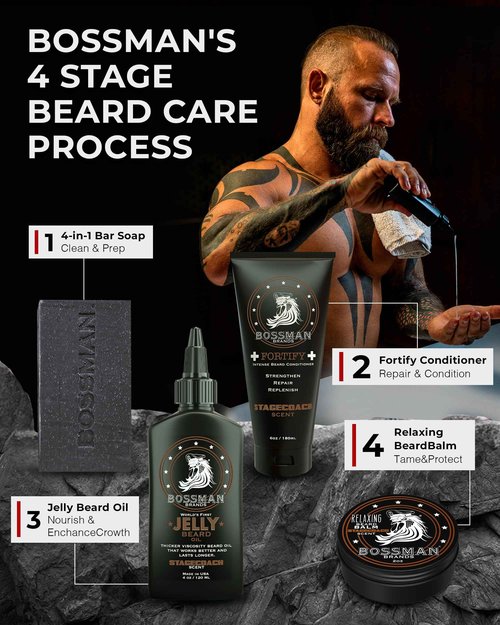 Bossman Essentials Beard Kit for Men, Set of 3 - Beard Oil Jelly, Fortifying Conditioner Cream, Beard Balm - Grooming Growth Care Accessories - Gift Set for Men (Gold)