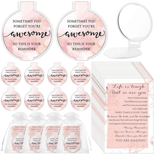 Cinnvoice 25 Set Inspirational Compact Mirrors for Women Bulk Sometimes You Forget You're Awesome Motivational Double Sided Folding Pocket Mirror for Employee Coworker Staff Mom Birthday(Pink Marble)