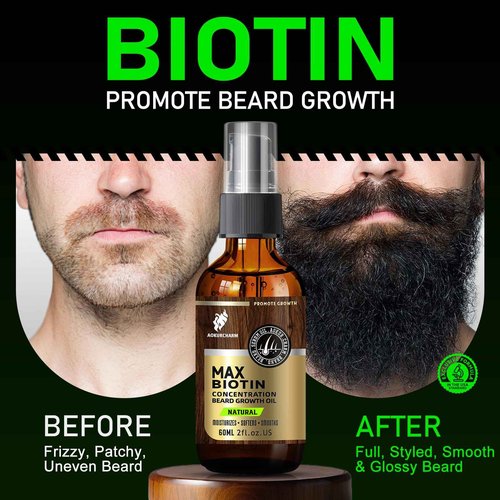Beard Growth Oil for Men - Natural Biotin Beard Oil with Castor, Vitamin B5 & Grape Seed to Soften, Nourish & Thicken Facial Hair - Conditioning, Moisturizing Grooming Oil, 2oz Gift for Men, Unscented