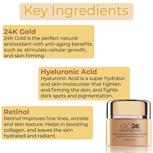 GLO24K Exfoliating Facial Cleanser & Night Cream with 24k Gold, Retinol, and Aloe Vera. Optimize your Daily Beauty Routine.