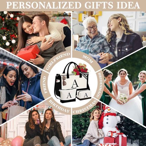 YOOLIFE Birthday Gifts for Sister - Initial Canvas Tote Bag & Makeup Bag, Letter D