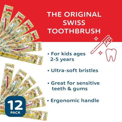 TELLO 10400 Kids Mega Soft Toothbrush for Gentle Cleaning with Ergonomic Handle, Made in Switzerland, Colors Vary, 12-Pack