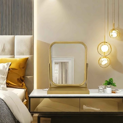 Deng YH Tabletop Vanity Mirror Adjustable Rotation Golden Metal Framed Gold Vanity Mirror, Room for Living Room,Bedroom,Tabletop,Bathroom.