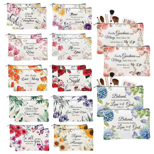 twinklemon 24PCS Christian Canvas Makeup Bags Bulk Inspirational Cosmetic Bags for Women Bible Verse Canvas Zipper Pouch Bulk Religious Makeup Organizer Bags Christian Gifts for Women(Flower)
