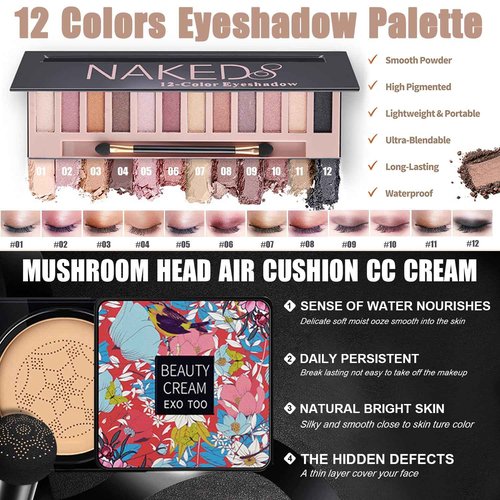 All in One Makeup Kit for Women Full Kit, Travel Makeup Gift Set for Women Teens Girls, Includes Eyeshadow Foundation Primer CC Lipsticks Mascara Brush Sponge Brow Pencil Soap Eyeliner Contour Bag