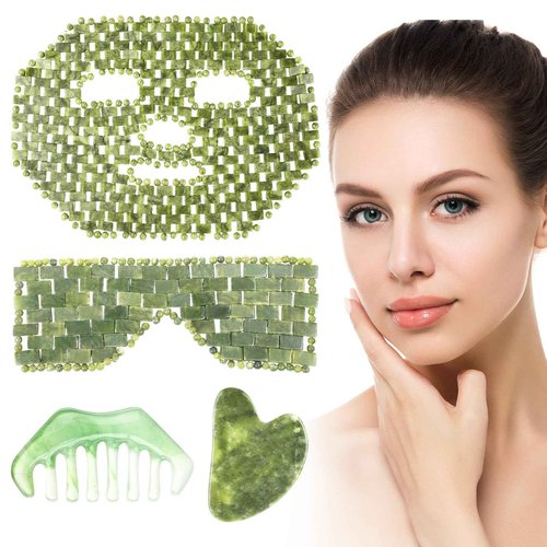 Demissle 4 Pcs Jade Eye Mask Jade Stone Facial Mask Scrap Massage Tool Hair Comb Facial Eye Cooling Stone Massage Tools for Puffy Eyes Dark Circles Gift(Dark Green)