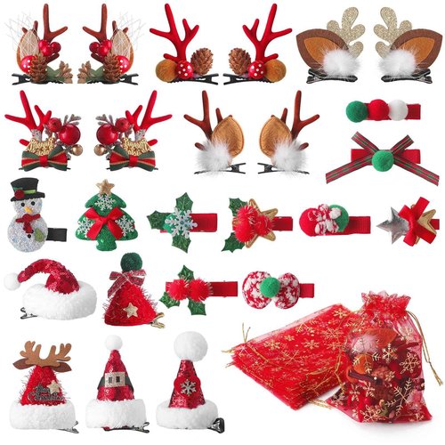 Yuxung 35 Pcs Christmas Hair Clips Reindeer Antlers Mini Sequins Santa Hat Hair Barrettes Holiday Small Jewelry Candy Bags Christmas Organza Gift Bags with Drawstring for Women Girls Party Wedding