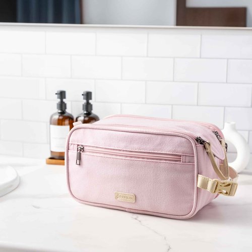 PAVILIA Toiletry Bag for Women, Canvas Travel Dopp Kit, Water Resistant Hygiene Bag Toiletries Organizer, Shaving Kit Travel Accessories Bag, Pink, Extra Large
