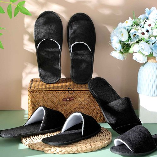 Silicherry 12 Pairs House Slippers for Guests Disposable Open Toe Spa Slippers Unisex Travel Slipper Bulk for Halloween Christmas Wedding Party(Black,M)
