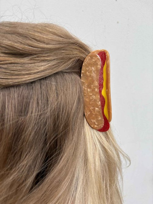Hot Dog Hair Claw Clip for Women – Strong Hold Grip, Durable Hair Claw Clips for Styling – 5"L x 1.75"H, July 4th Celebration Claw Clips for Women, BBQ FUN Claw Clips for Thick Hair