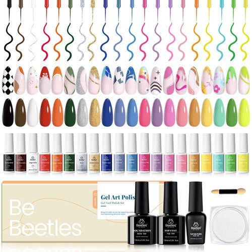 Beetles Gel Liner Nail Art Polish Set Pastel Gel Nail White Gold Red Glitter Neon French Tip Nails Polish Paint Swirl Built Thin Brush in Bottle Soak off Uv Lamp Nails Art Kit Gifts for Women
