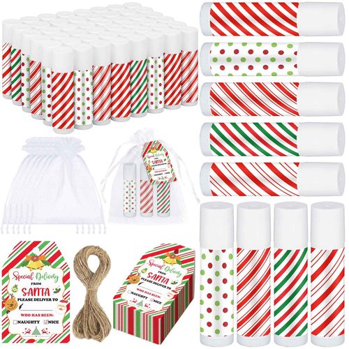 Dunzy 50 Set Christmas Peppermint Lip Balms Gifts Bulk Xmas Moisturizing Lip for Christmas Stocking Ornament Holiday Party Supplies with 50 Organza Bags 50 Tags Treat Gifts for Guest Women