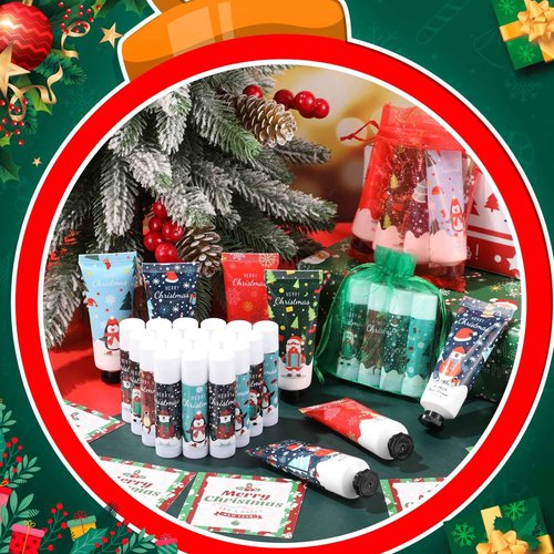 Heigble 36 Set Christmas Hand Cream Gift Set, Including Moisturizing Christmas Hand Lotion, Xmas Lip Balm, Gauze Bags, Thank You Cards Natural Fragrant Xmas Hand Cream with Lip Balm Christmas Gifts