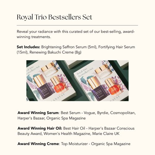 RANAVAT Royal Trio Travel Size Gift Set - Set Includes Brightening Saffron Face Serum, Renewing Bakuchi Face Cream & Fortifying Hair Serum - Clinically Tested Vegan Skincare & Haircare (3 Count)