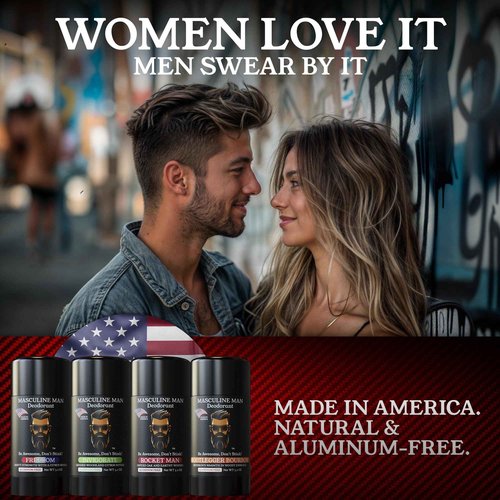 MASCULINE MAN Deodorant for Men - Aluminum Free Mens Deodorant - Travel Size Natural Deodorants - Sweat Protection for Underarm - Stain-Free Stick Deodorants - Made in USA, 3.2oz (Pack of 4, The Box)