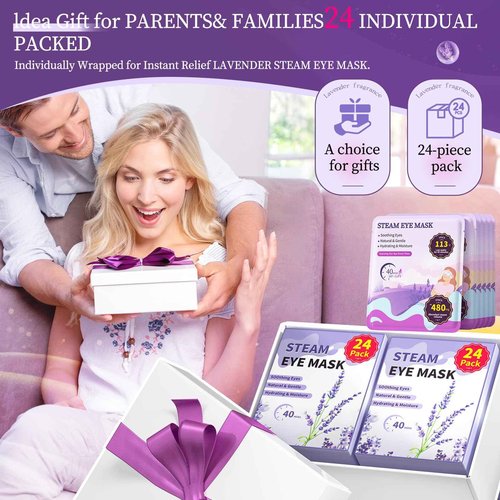 PHIXBEAR 110℉ Constent Cornea Care Rest Self Heating Eye Mask 60Mins, Disposable Lavender Steam Eye Mask for Travel Sleep, Compresses for Dry Eyes, Relaxing Gifts 24 Packs