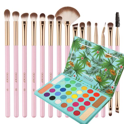 Docolor 15Piece Eye Makeup Brushes Set + 34 Colors Tropical Eeyshadow Palette Pigmented Matte Shimmer Metallic Blendable Soft Cream Powder Makeup Eye Shadow Palettes for Christmas Gift