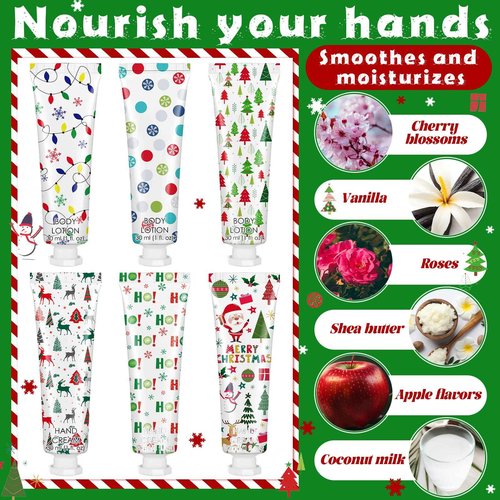 12 Sets/72 Pcs Christmas Party Favors Christmas Hand Cream Body Lotion Lip Balm Nail File Gifts Set Xmas Stocking Stuffers Travel Size Lotion Bulk Holiday Party Supplies for Coworkers Women Adults