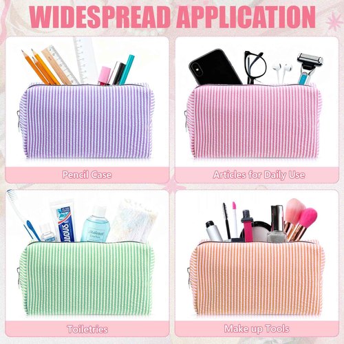 Giesiery 8 Pack Seersucker Makeup Bags - Large Capacity Travel Cosmetic Organizer for Women, Preppy Toiletry Pouch for Skincare Brushes & Beauty Accessories, Bulk Wedding Bridesmaid Gifts
