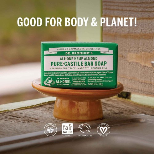 Dr. Bronner's Pure-Castile Magic Bar Soap (Almond, 5 ounce, 12-Pack)-Made with Regenerative Organic Certified Oils, For Face, Body, Hair, Gentle, Vegan, Cruelty-free Non-GMO