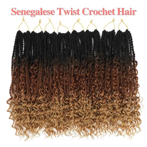 Senegalese Twist Crochet Hair - 8 Packs Boho Island Twist Crochet Hair with Curly Ends 16 Inch Pre Looped Goddess Crochet Twist Hair Extensions for Black Women (16 Inch(8 Packs), 1B/30/27)