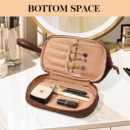 Abiudeng Large Makeup Bag for Women,Travel Makeup Organizer with Brush Holder, Dopp Kit Essentials,Waterproof Checkered Cosmetic Bag for Traveling,Multi Compartment,Cute,Spacious Capacity-Brown