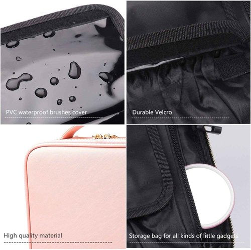 Bvser Travel Makeup Case, PU Leather Portable Organizer Makeup Train Case Makeup Bag Cosmetic Case with Adjustable Dividers for Cosmetics Makeup Brushes Women (Pink)