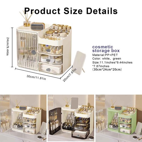 DASITON Makeup Organizer for Vanity,Large Capacity Makeup Storage Organizer with 3-Layer Drawers and Mirror,Cosmetics Display Case Make up Organizers for Vanity,Bedroom,Countertop(Clear-Cream)