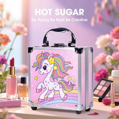 Hot Sugar Girls Makeup Kit Age 4-6 7-8 10-12, Little Girl Makeup Set, Makeup Kit for Teenagers 13-15 Includes Eyeshadow Lip Gloss Blush Highlighter Contour Brush (Pink Unicorn)