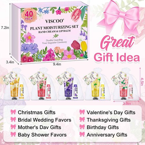 VISCOO 40 Sets Hand Cream Bulk and Lip Balm Bulk Gifts, Stocking Stuffers for Women Teengirls, Christmas Gifts,Bridesmaid Gifts for Guests with Thank You Card Organza Bags,Thank You Gifts, Small Gifts