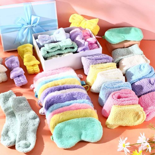 Yearntown 36 Pcs Sleepover Party Supplies for Women Spa Headbands Plush Eye Masks Fuzzy Socks for Slumber Party Favors Sleepover Shower Gifts
