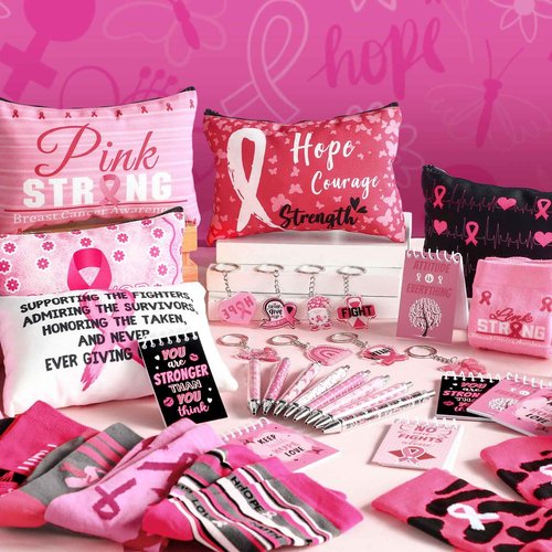 Dansydaisy 32 Pcs Breast Cancer Awareness Gifts Set Makeup Bags Bulk Pink Ribbon Socks Holiday to Do List Notepad Ballpoint Pens Keychain Breast Cancer Awareness Party Gifts