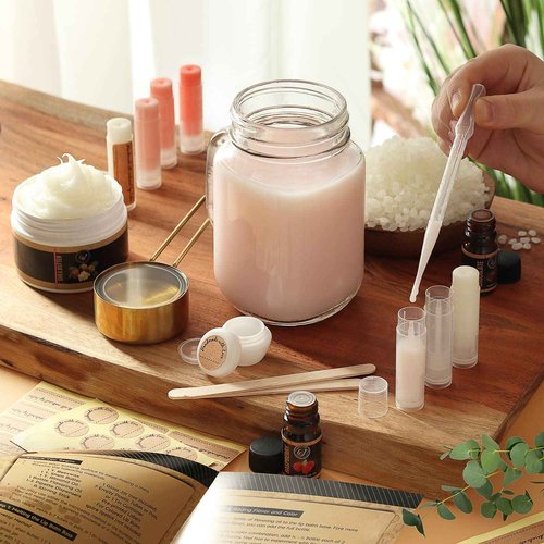 CraftZee Organic Lip Balm Making Kit. DIY Lip Gloss Pack, Natural Beeswax, Shea Butter, Sweet Almond Oil, Essential Oils, Tools, Instruction Manual. Sleepover Party Supplies for Girls, Adult Craft Kit