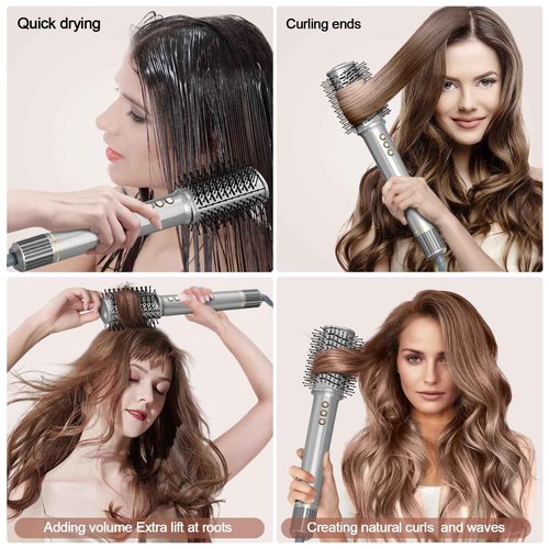 REITOW 5-in-1 Blow Dryer Brush Set - 110,000 RPM High Speed Hair Dryer & Airbrush Hair Multi Styler - No Heat Damage Auto Wrap Air Curler - Magic Hot Air Styler for at Home Styling Women Gray