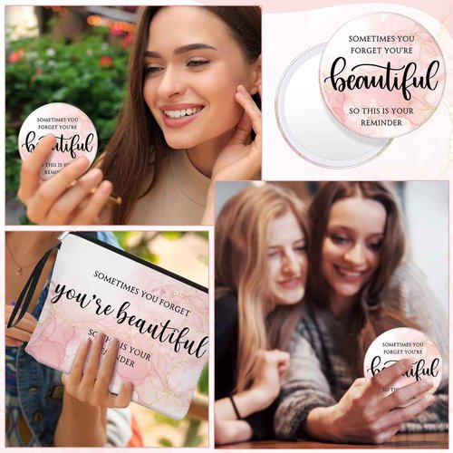 Beeveer 20 Sets Pink Thank You Gifts for Women, Makeup Bags and Compact Mirrors, Christmas Inspirational Gifts for Teacher Employee, Sometimes You Forget You're Beautiful Set for Holiday, Thanksgiving