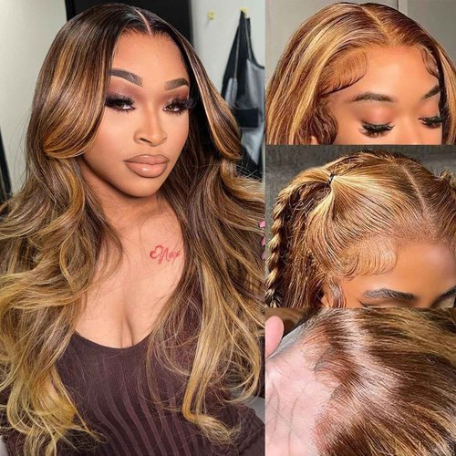 studyy Highlight Ombre 360 Body Wave Lace Front Wigs Human Hair Pre Plucked with Baby Hair Honey Blonde 360 HD Lace Frontal Wigs Full Lace for Women 20inch