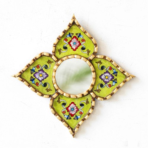 DECORCONTRERAS Small green peruvian mirrors for wall holiday – Diamond/Square shape wall artisan mirror in painted glass with gold leaf frame (Lime Green)