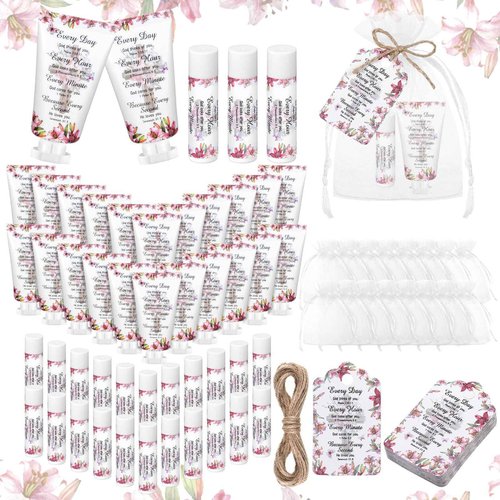Swiffen 48 Sets Christian Hand Cream and Lip Balm Gift Set Christmas Christian Gift for Women Travel Size Hand Lotion Lip Balm Bulk with Organza Bag and Tag for Baby Shower Mom Holiday Gift(Fresh)