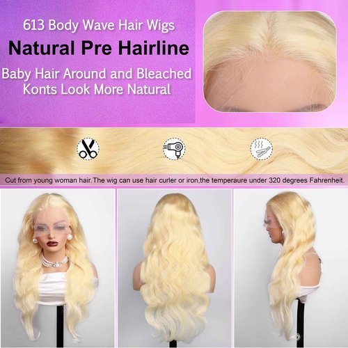 613 Blonde Lace Front Wigs Real Human Hair, Blonde 613 Body Wave 13X6 HD Lace Front Wigs Pre Plucked Lace Frontal Wig Loose Body Wave Glueless Wig Human Hair Business Daily Wear Wig for Women 22 Inch