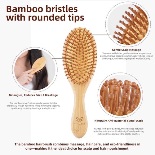 6-Pcs Bamboo Hair Brush Set-Detangling, Scalp Massage for Hair Growth, Wet/Dry Brush for Men, Women & Kids - for Thick, Curly, Thin, Long or Short - Paddle Wooden Hairbrush for Home, Travel Use
