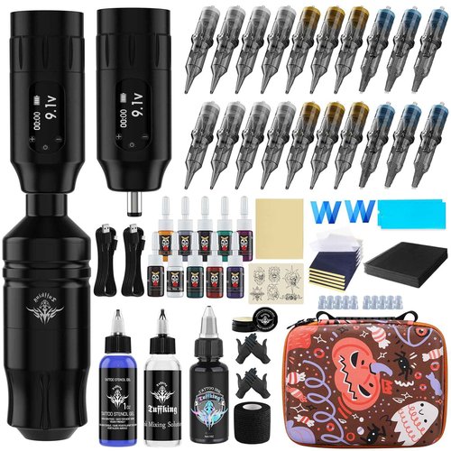 Beginners Tattoo Gun Machine Kit, Wireless Tattoo Pen Kits with 2Pcs Power Supply, Professional Complete Tattoo Supplies Set with 20Pcs Cartridge Needles for Starter (81Pcs)