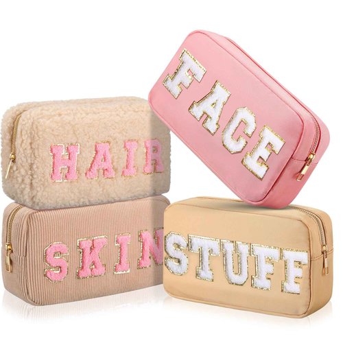 Kajaia 4 Pcs Preppy Makeup Bags Chenille Letter Bag Hair Face Skin Stuff Cosmetic Pouch Cases for Women Travel Toiletry Spend The Night(Simple Color,Charming)
