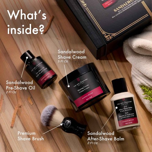 The Art of Shaving Sandalwood Shaving Kit for Men - The Perfect Gift for The Perfect Shave with Shaving Cream, Shaving Brush, After Shave Balm, & Pre Shave Oil,4 Piece (Pack of 1)