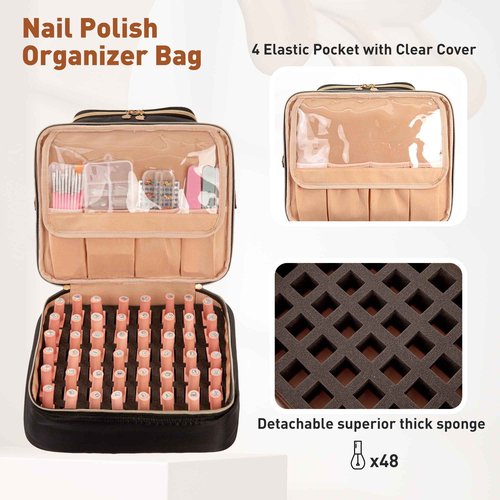 AGX Bravo Nail Polish Organizer Bag Nail Case Holds 60 Bottles & Nail Lamp Gel Nail Polish Organizer Nail Kit Organizers Travel Nail Tech Carrying Case for Manicure Supplies (Black)