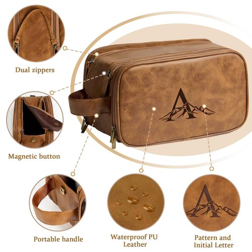 Janhavi Personalized Toiletry Bag for Men, Beach Vacation Travel Essentials, Waterproof Toiletry Bag with Hook, Laser Engraved Initials & Mountain, Birthday Gifts For Him (Brown B)