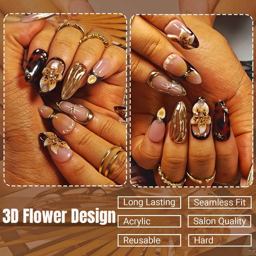Handmade Acrylic Press On Nails Almond, Brown Press On Nails Medium, Flower 3D Nails French Tip Amber Gold Chrome For Women Gift, Reusable Stick On Fake Nails Kit With Nail Glue(Amber Bloom-M)
