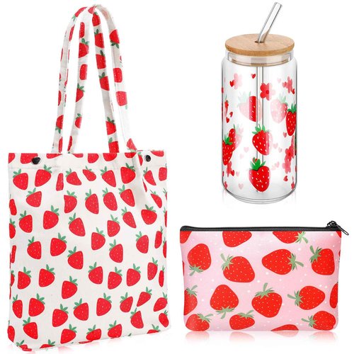 Bulyoou Strawberry Gift Set, Included 16oz Glass Cups with Lids and Straws Waterproof Travel Bag Pouch Strawberry Makeup Bag and Corduroy Tote for Women Christmas Birthday Mothers Day